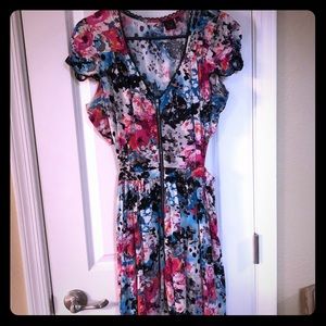 Floral side cut out mini dress with ruffle sleeves